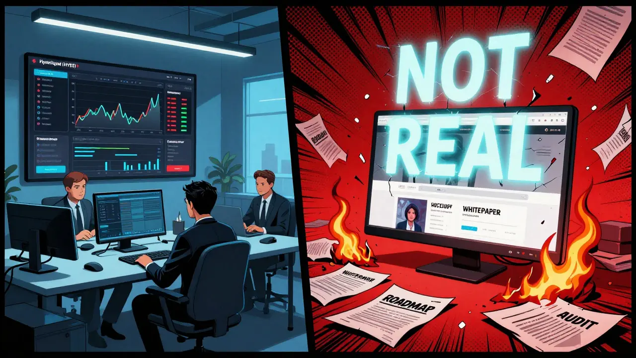 Split scene: real Hyperliquid platform vs. crumbling fake HyperGraph website with burning documents.