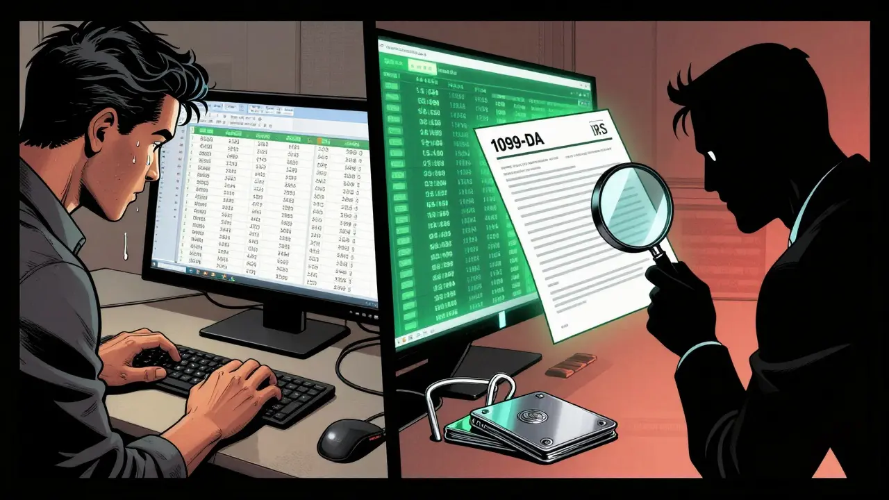 Split scene: trader entering data vs. IRS agent inspecting a 1099-DA form with blockchain data glowing nearby.