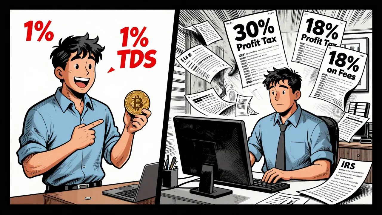 Split scene: trader pays TDS on exchange, then faces massive tax bills at an IRS-style office.