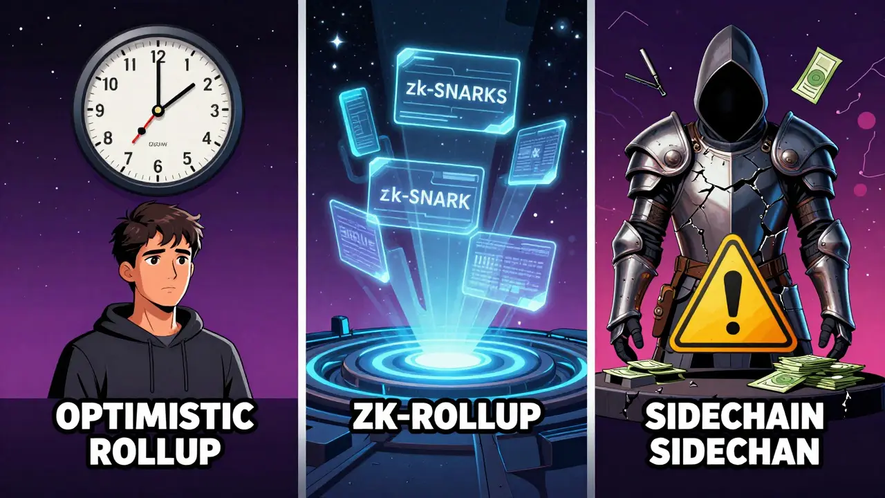 Three Layer 2 types illustrated as parallel paths: Optimistic Rollup with countdown clock, ZK-Rollup with holographic proofs, and insecure Sidechain under attack.