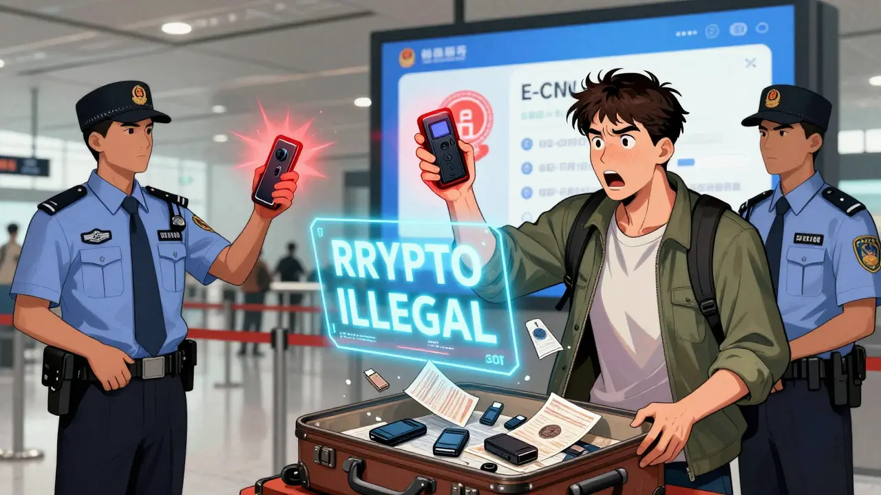 Tourist is searched at airport as hardware wallet is seized, hologram warns 'CRYPTO ILLEGAL'.