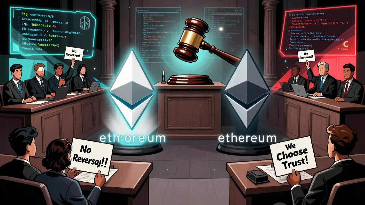 Two competing blockchain chains in a digital courtroom, symbolizing Ethereum and Ethereum Classic.