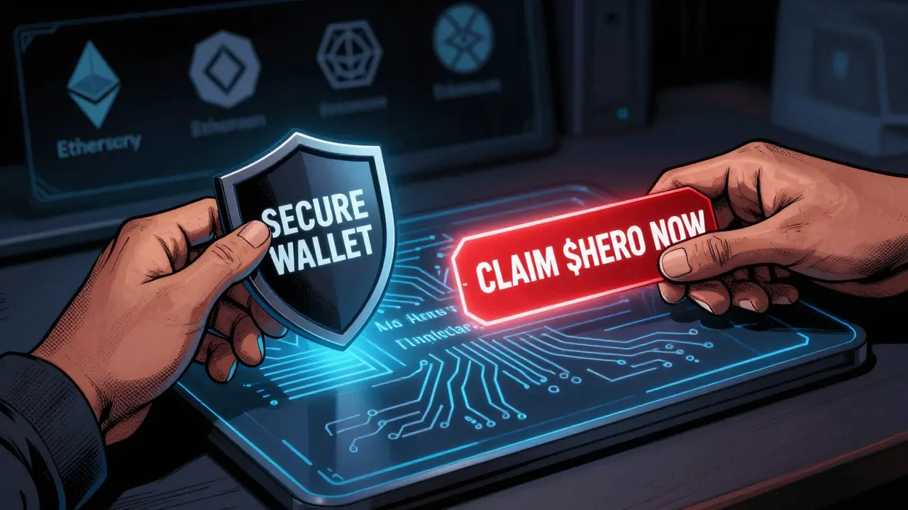 Two hands interacting with a blockchain contract, one safe, one avoiding a phishing link.