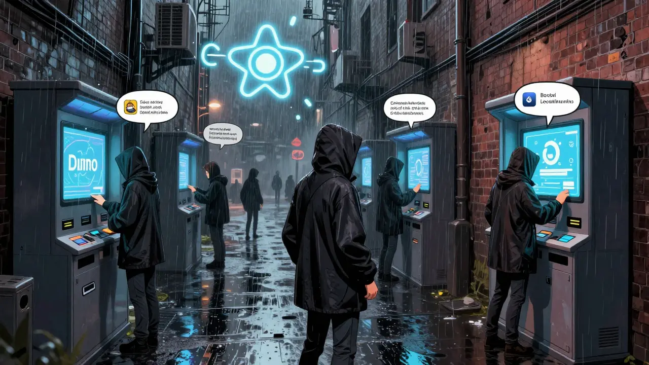 Users exchange Monero in alleyways via peer-to-peer kiosks under neon lights, with encrypted icons glowing in the air.