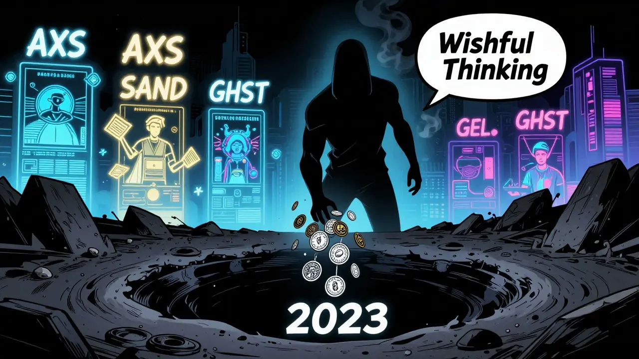 A figure tossing TOTEM tokens into a black hole while thriving blockchain games glow brightly in the background.