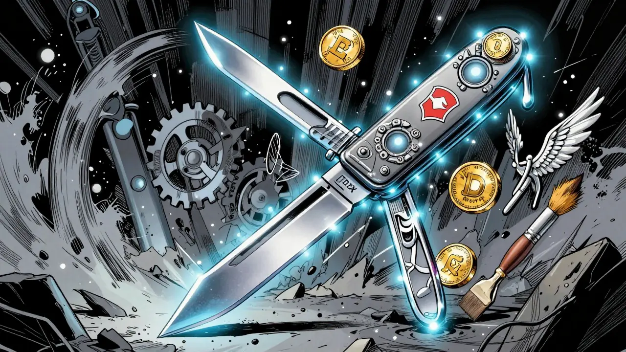A glowing Swiss Army knife made of blockchain nodes, each tool representing a feature of the Ēnosys ecosystem.