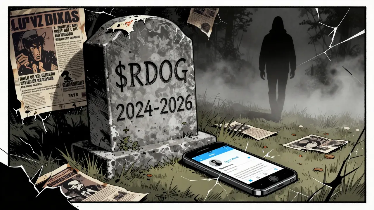 A gravestone marked '$RDOG 2024-2026' stands amid wilted memes and a cracked phone, as a shadowy figure walks away.