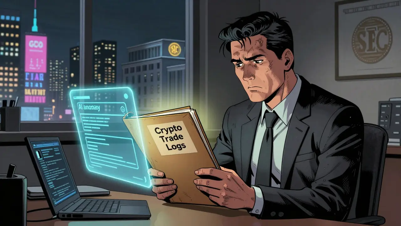 A lawyer presents crypto trade records in a bank compliance office under AI surveillance.