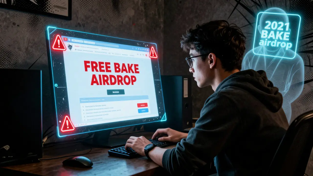 A person facing fake airdrop scams on a screen, while a real 2021 BAKE notification glows safely nearby.