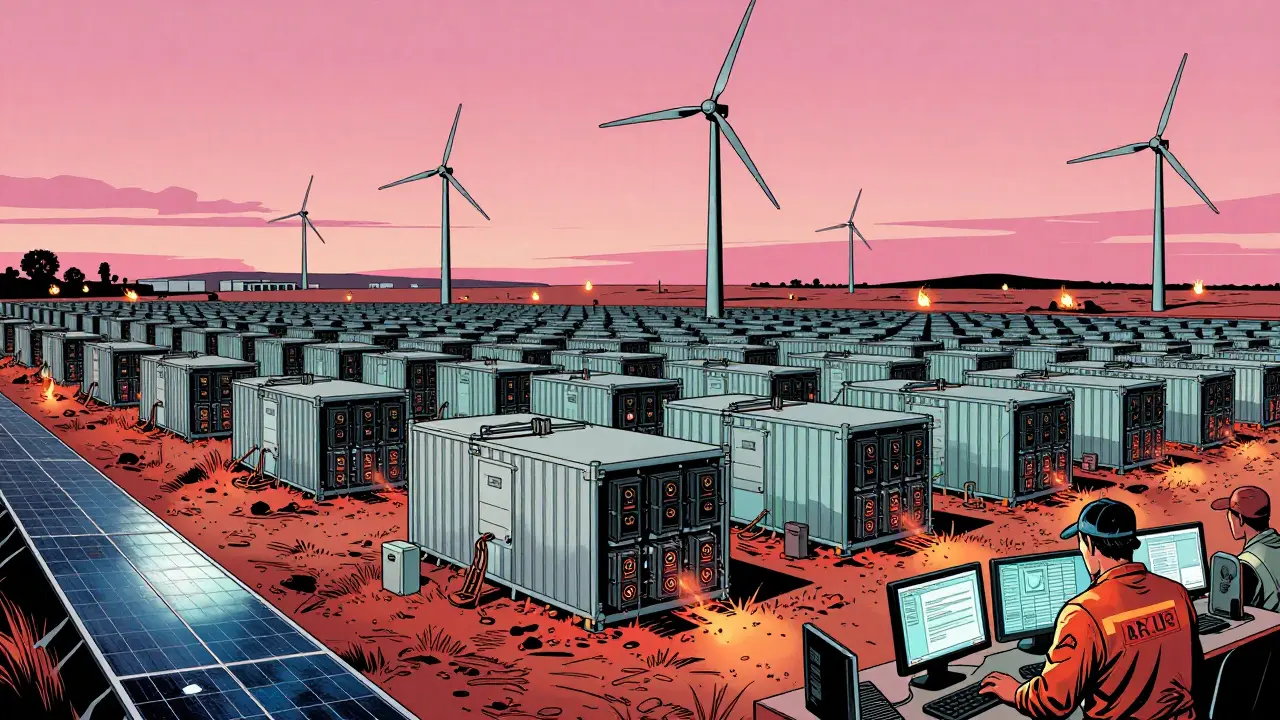 A Texas mining farm powered by wind turbines and solar panels under a dawn sky.