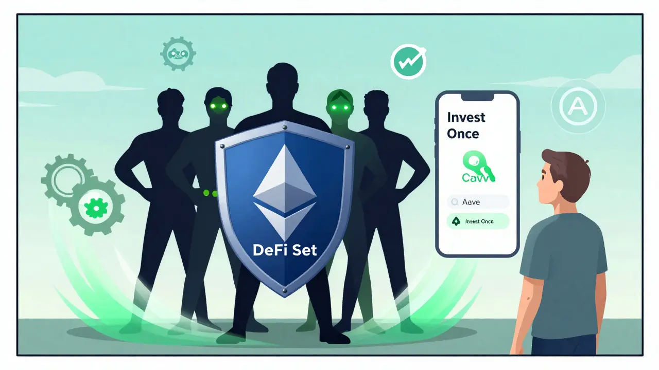 A user investing in a pre-made crypto portfolio on Mudrex, with tokens forming a protective shield and auto-rebalancing gears.