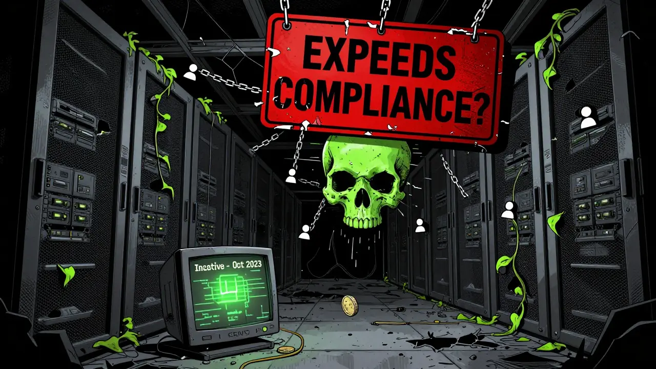 Abandoned server farm with 'Inactive' warning and a skull-shaped sign reading 'EXCEEDS COMPLIANCE?'
