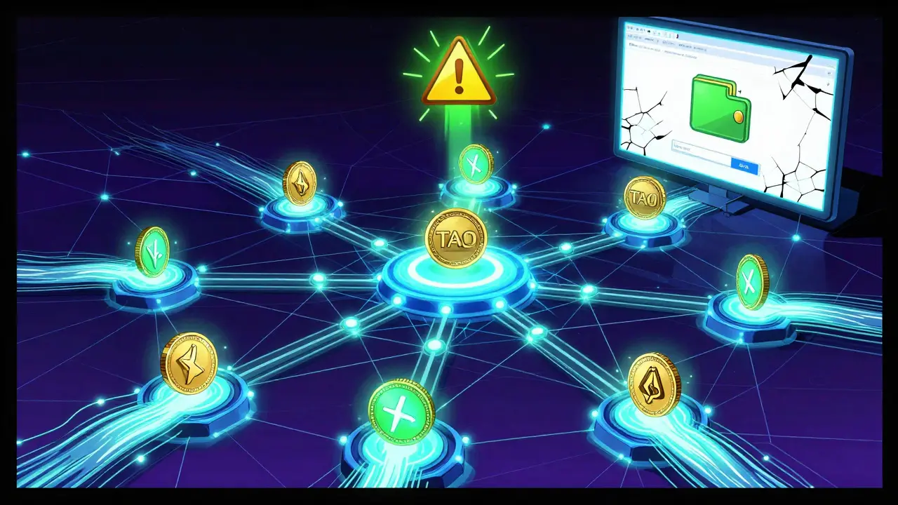 AI network with TAO flowing to subnet cores, warning siren flashing over phishing scam screen.