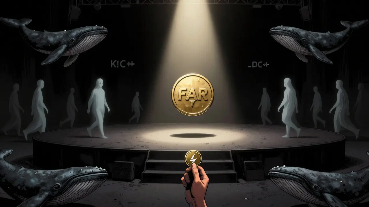 An empty stage with a glowing FAR token under a spotlight, while investors vanish into darkness.