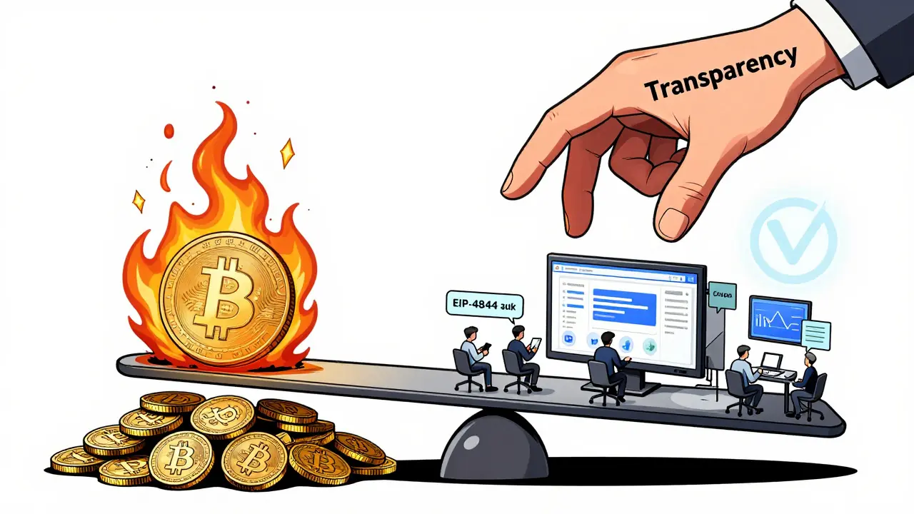 Balance scale weighing burned tokens against a thriving crypto exchange ecosystem.