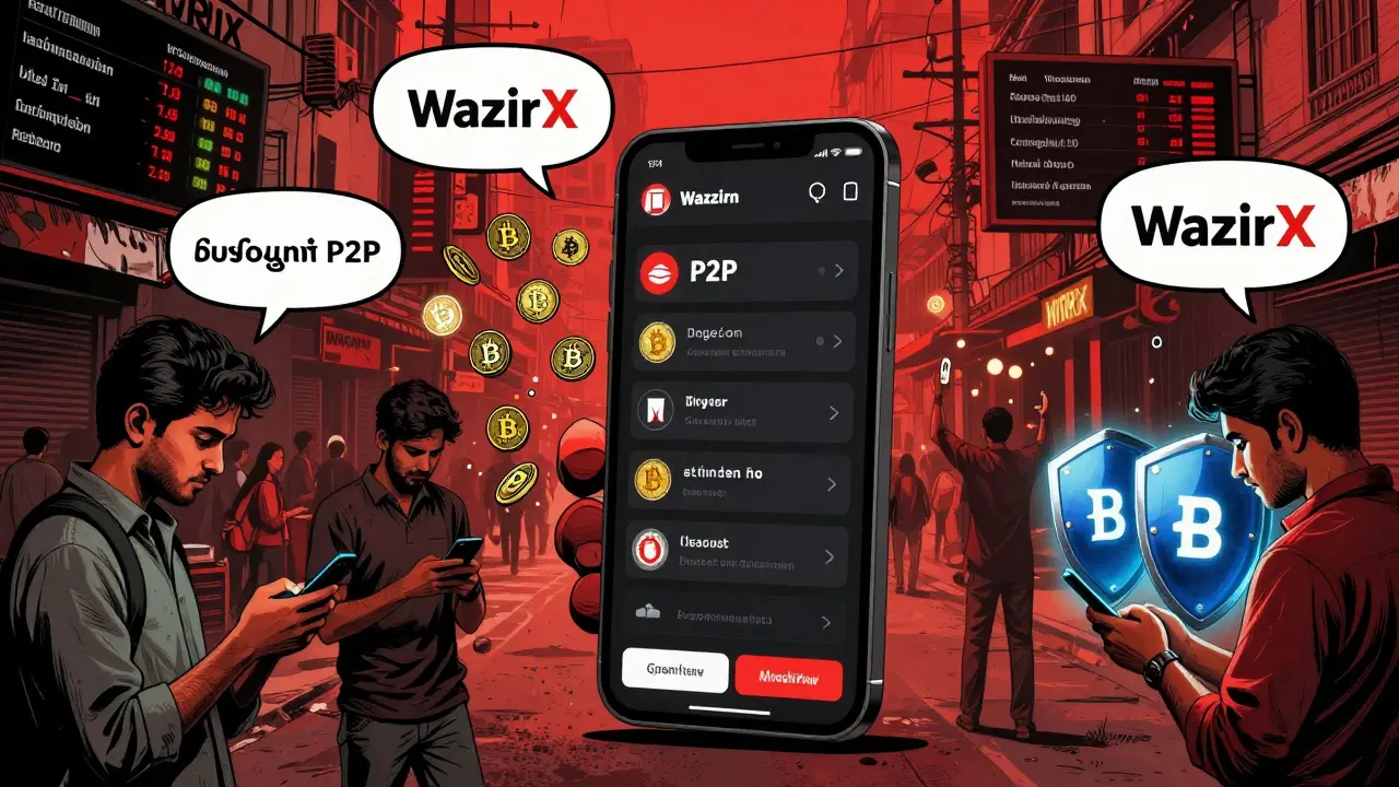 Diverse Indians trading crypto on WazirX with multilingual support and WRX token discounts in a vibrant street scene.
