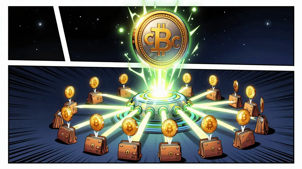 Dozens of small crypto wallets merging into one large masternode with coins raining down in comic book style.