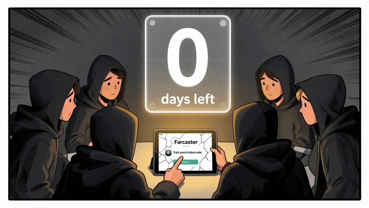 Early adopters gathered around a Farcaster tablet, preparing to join a FarLaunch token sale with minimal participation.