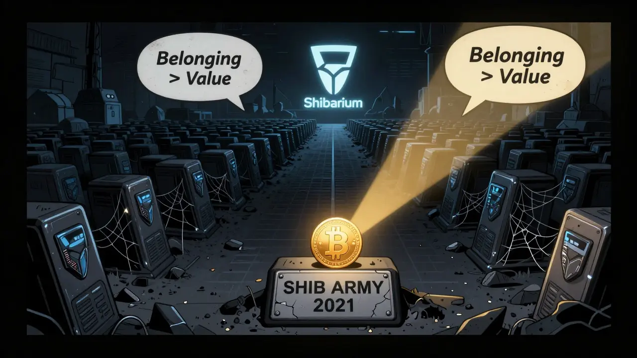 Forgotten NFTs buried in a digital graveyard as Shibarium rises in the distance, a lone BNB coin resting on a faded plaque.