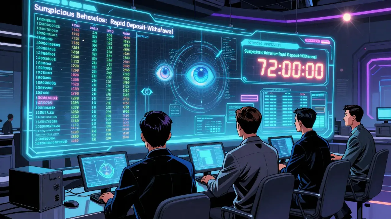 Futuristic exchange control room with holograms showing suspicious transactions and a 72-hour withdrawal timer.
