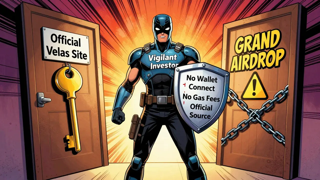 Hero standing between real and fake airdrop doors with safety checklist, comic book style.