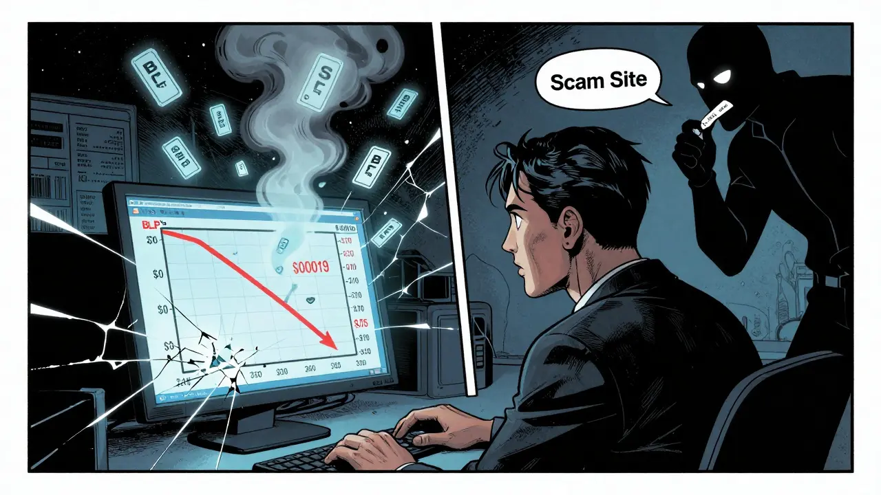 Investor facing a crashing BLP price chart, ghostly tokens fading away, scam figure lurking in shadows.