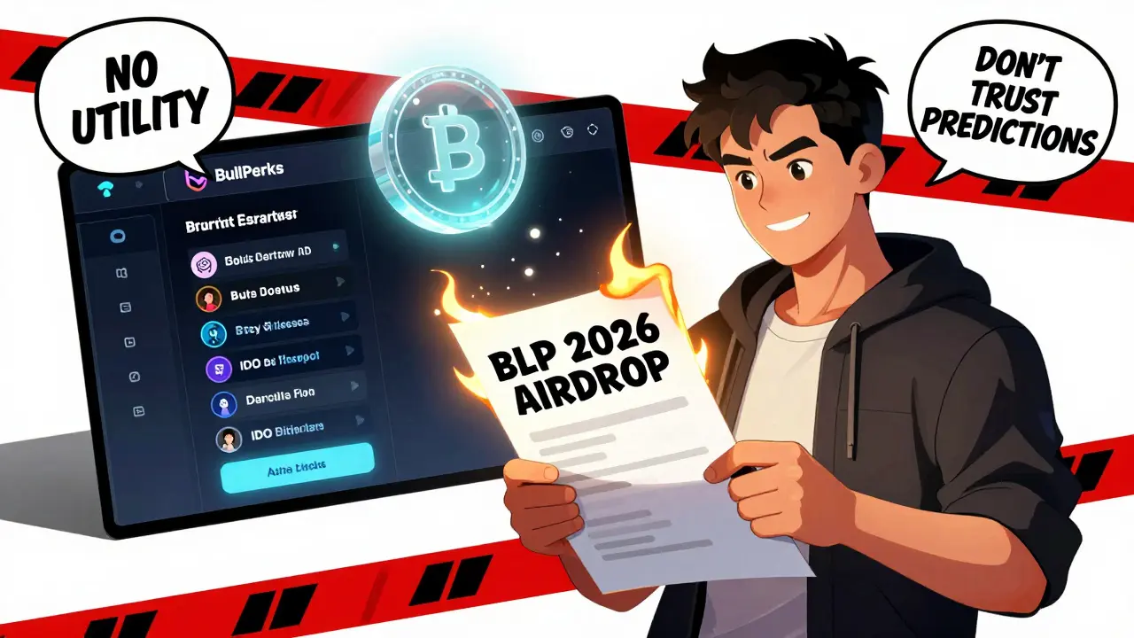 Person holding a burning '2026 BLP Airdrop' flyer as BullStarter platform shines behind them, ghost token floats uselessly.