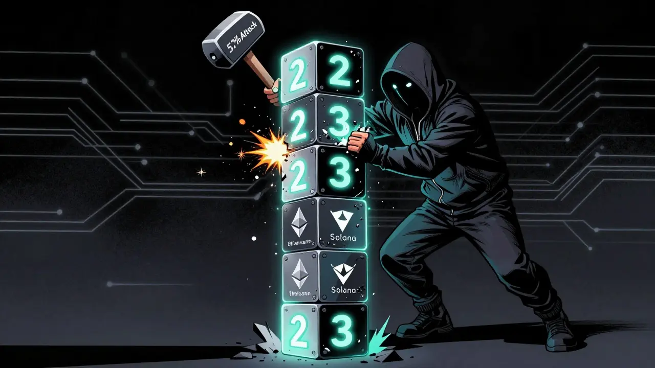 Six blockchain blocks forming a tower as a hacker tries to destroy it with a sledgehammer labeled '51% Attack'.