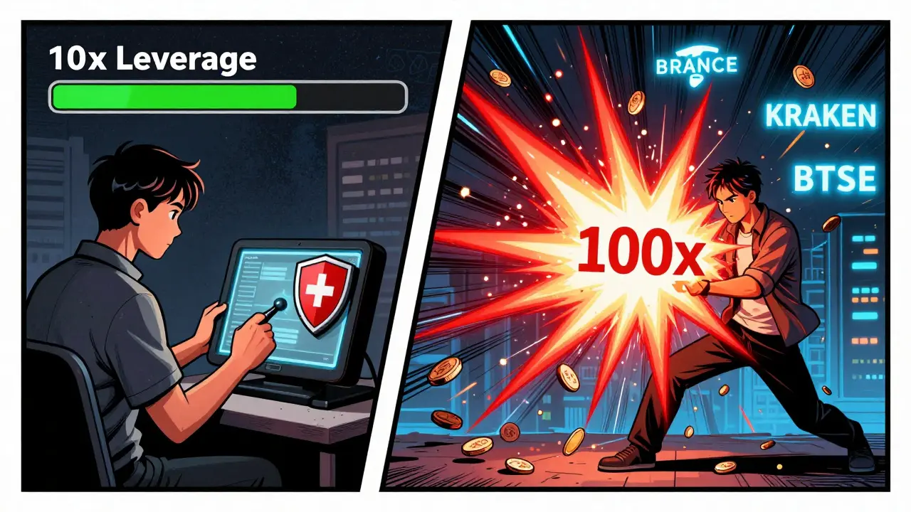 Split scene: calm trader using 10x leverage vs another exploding under 100x leverage with exchange logos in background.