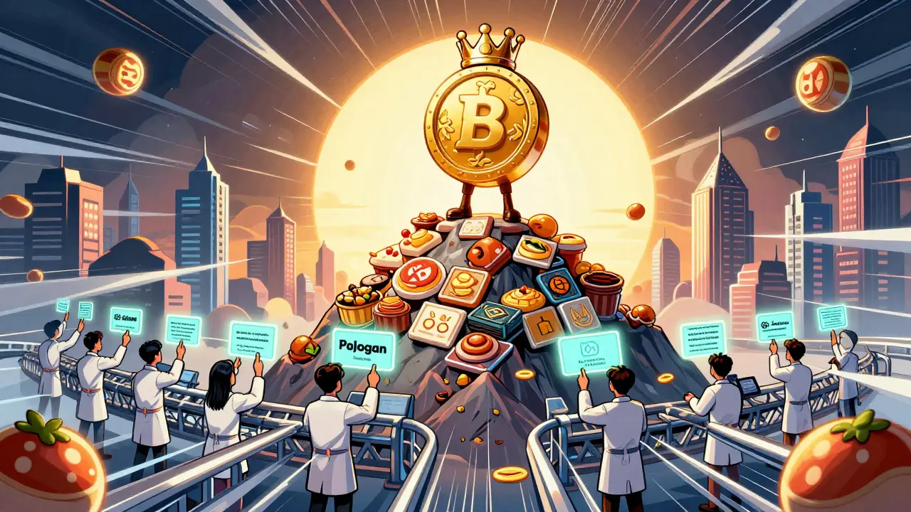 The BAKE token as a hero standing on NFT food mountains while users vote and developers build cross-chain bridges.