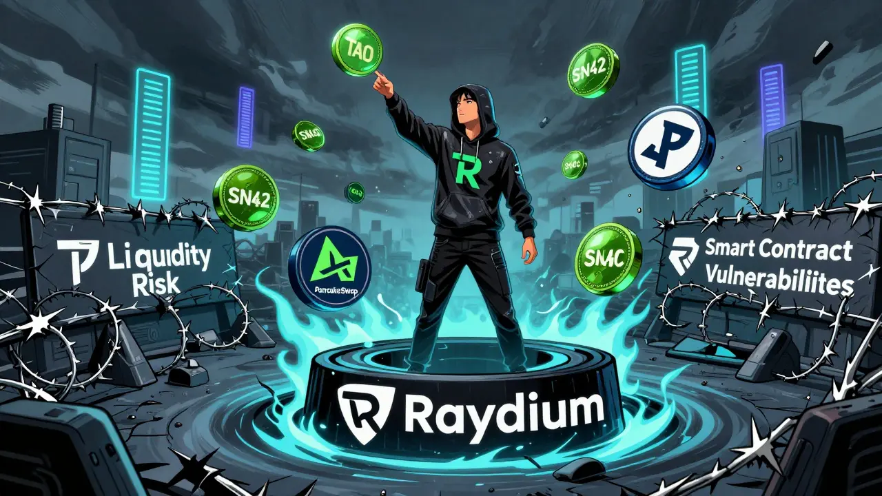 Trader battling DeFi risks amid swirling DEX logos and floating subnet tokens in a digital storm.