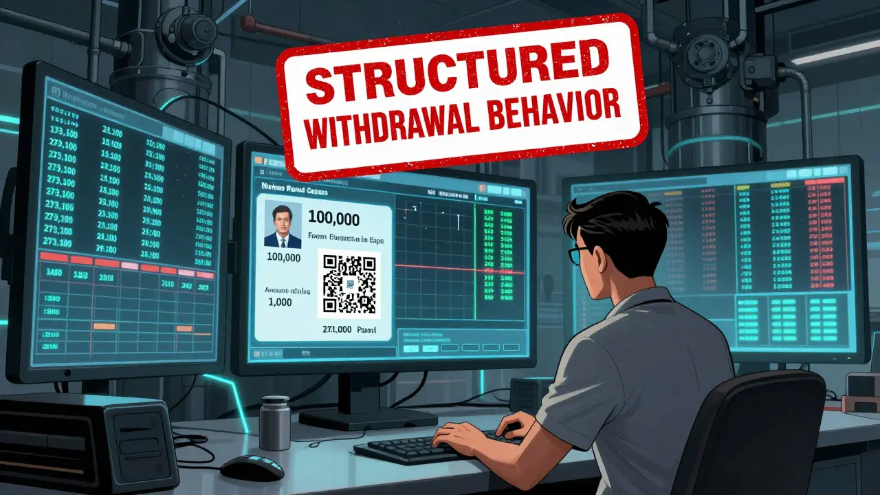 A bank control room with digital dashboards tracking fraud patterns, highlighting a flagged crypto transaction.