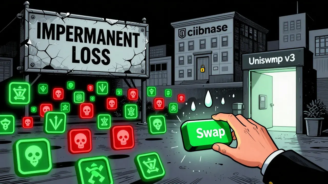 A chaotic DeFi scene with legitimate and scam tokens floating around a hesitant trader, warning signs of impermanent loss looming in the background.