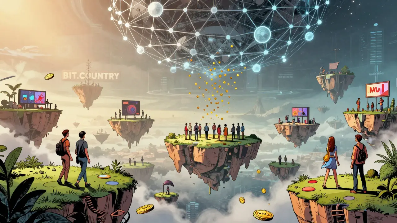 A colorful metaverse world with avatars trading NFTs and land, golden NUUM tokens falling from the sky but vanishing before they land.