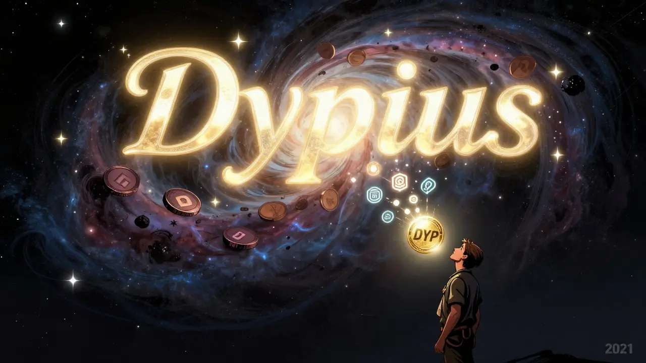 A cosmic nebula forms the word 'Dypius' from glowing DYP tokens, with a miner witnessing its evolution.