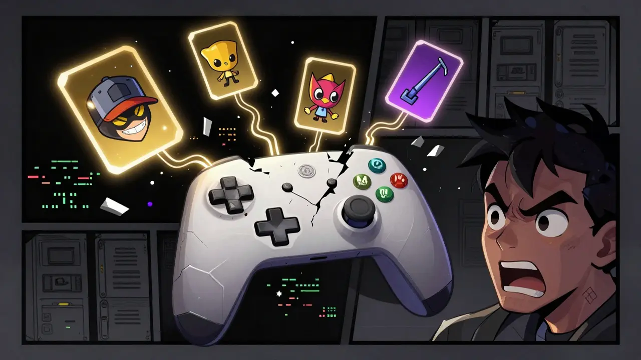 A fractured game controller with floating NFT assets connected by broken data bridges, symbolizing failed interoperability.