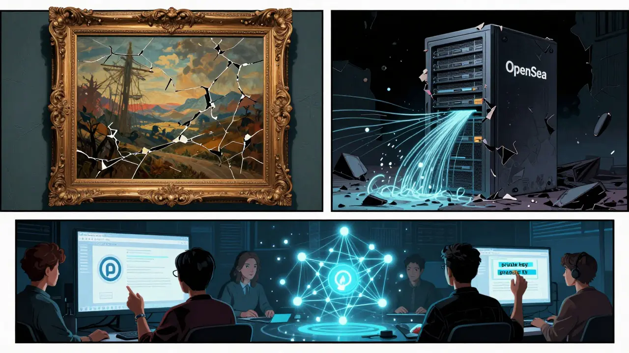 A fragile NFT artwork loses its metadata as centralized servers crumble, while decentralized IPFS nodes preserve the art in comic book illustration.