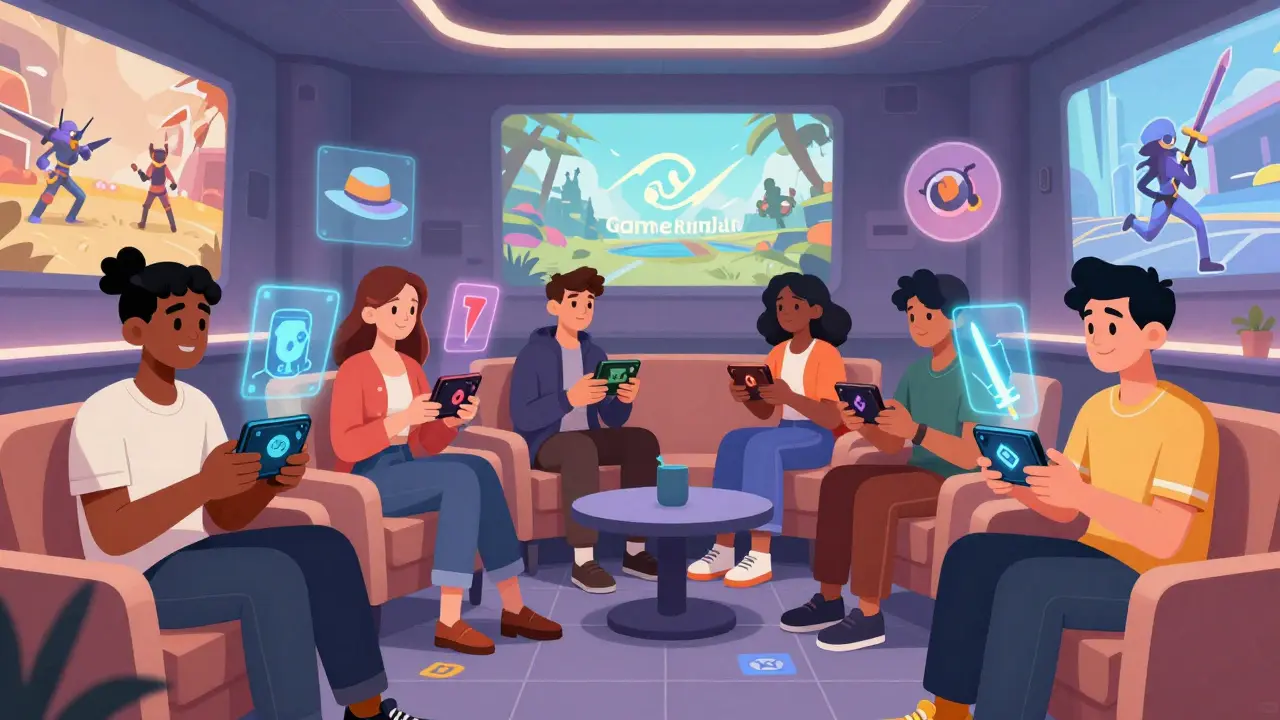 A group of gamers in a lounge surrounded by holographic NFT items from multiple games, all coexisting harmoniously.
