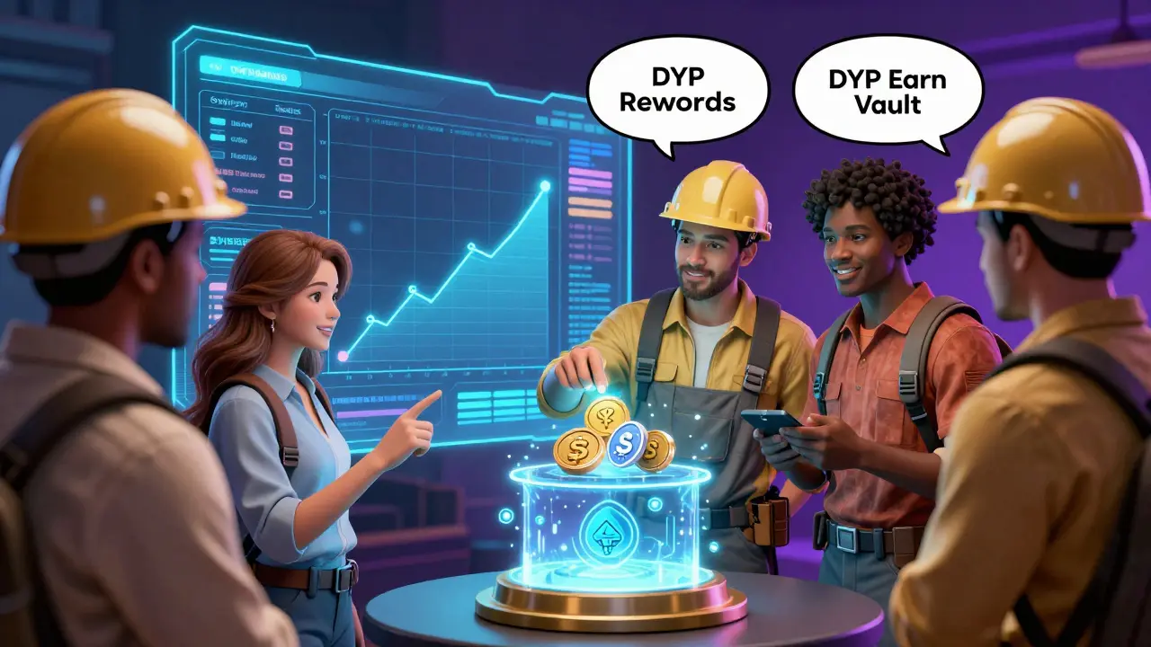 A group of miners interact with a holographic dashboard showing DYP rewards and governance options.