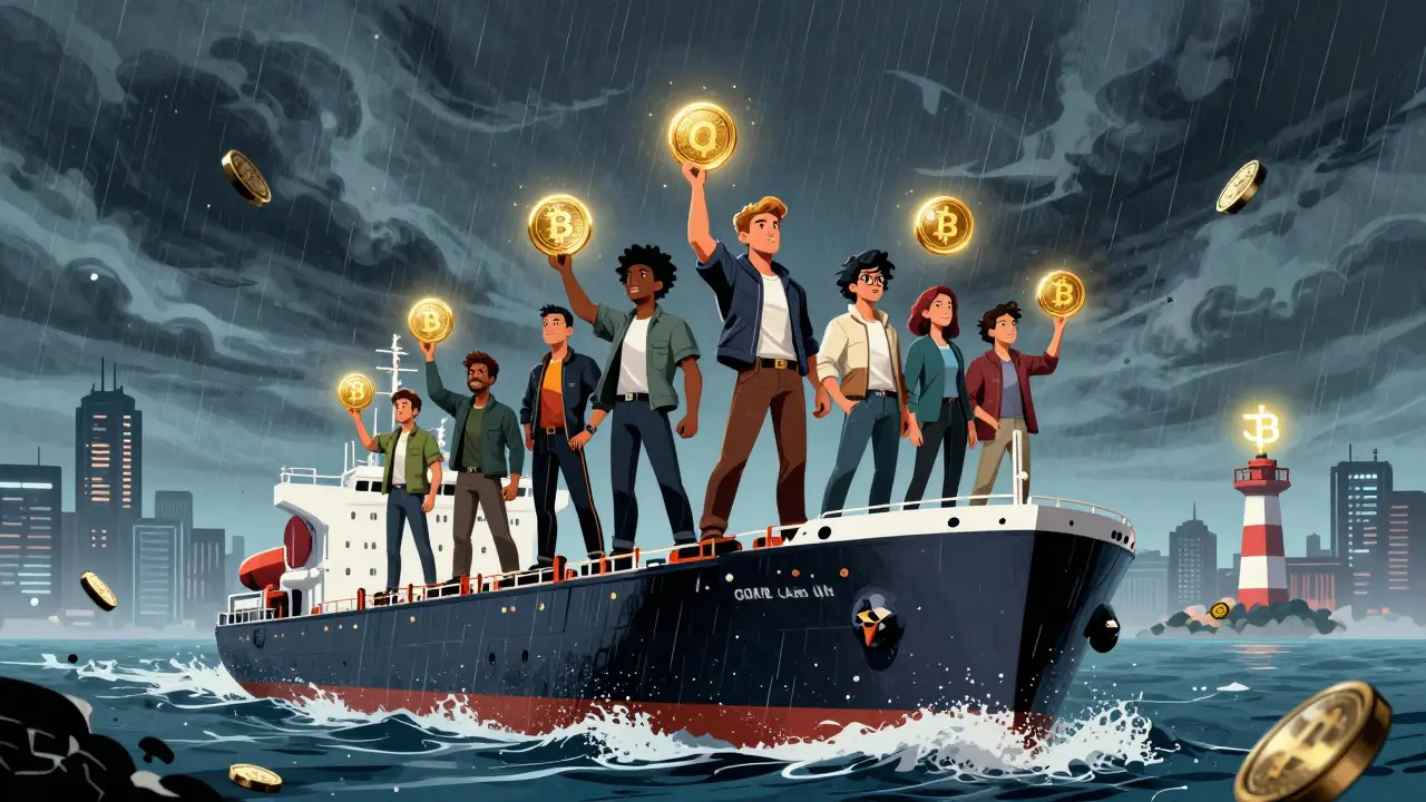 A group of players on a digital oil tanker sailing through a blockchain storm with glowing tokens.