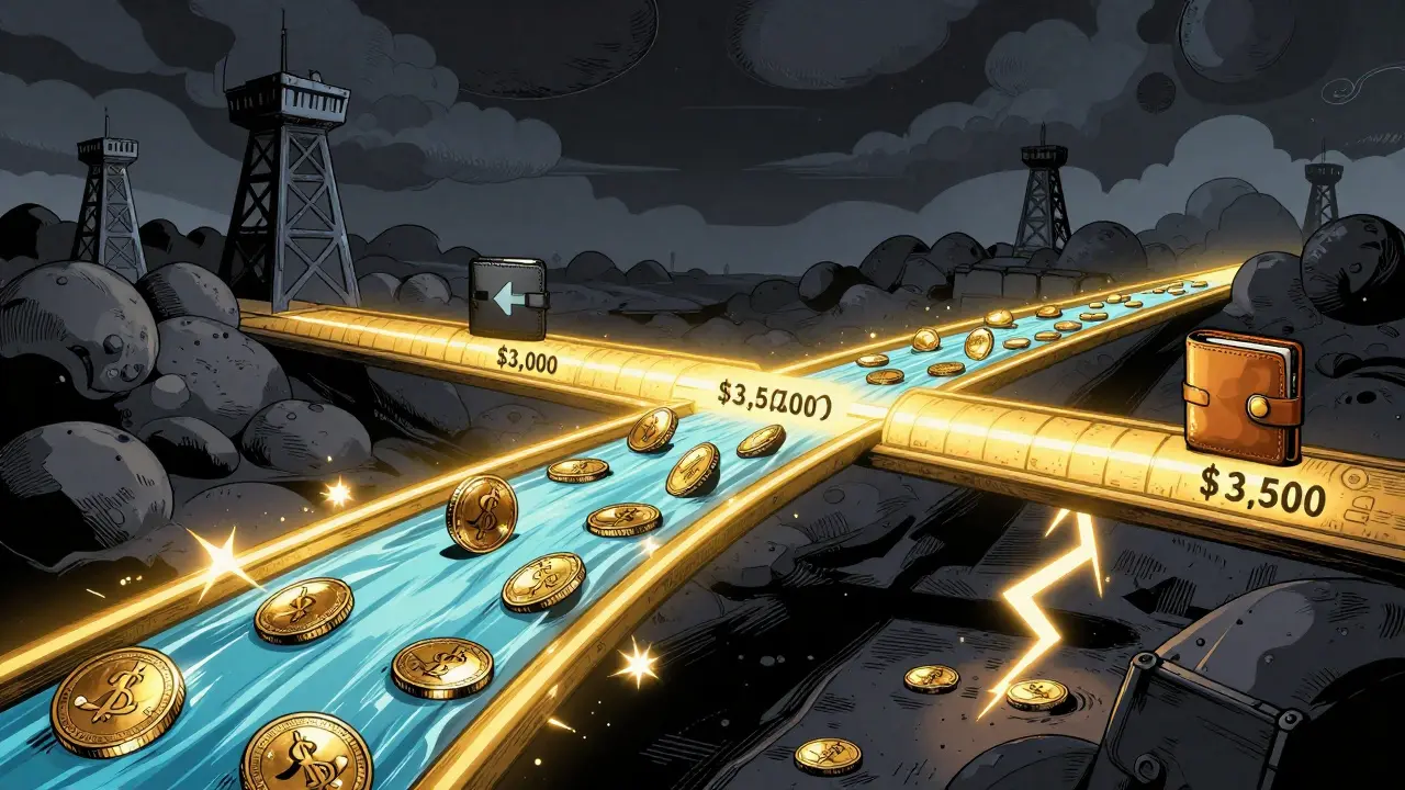 A liquidity provider's price range bridge for ETH/USDC glowing with fee earnings, while stagnant capital lurks in darkness, Base network towers rising nearby.