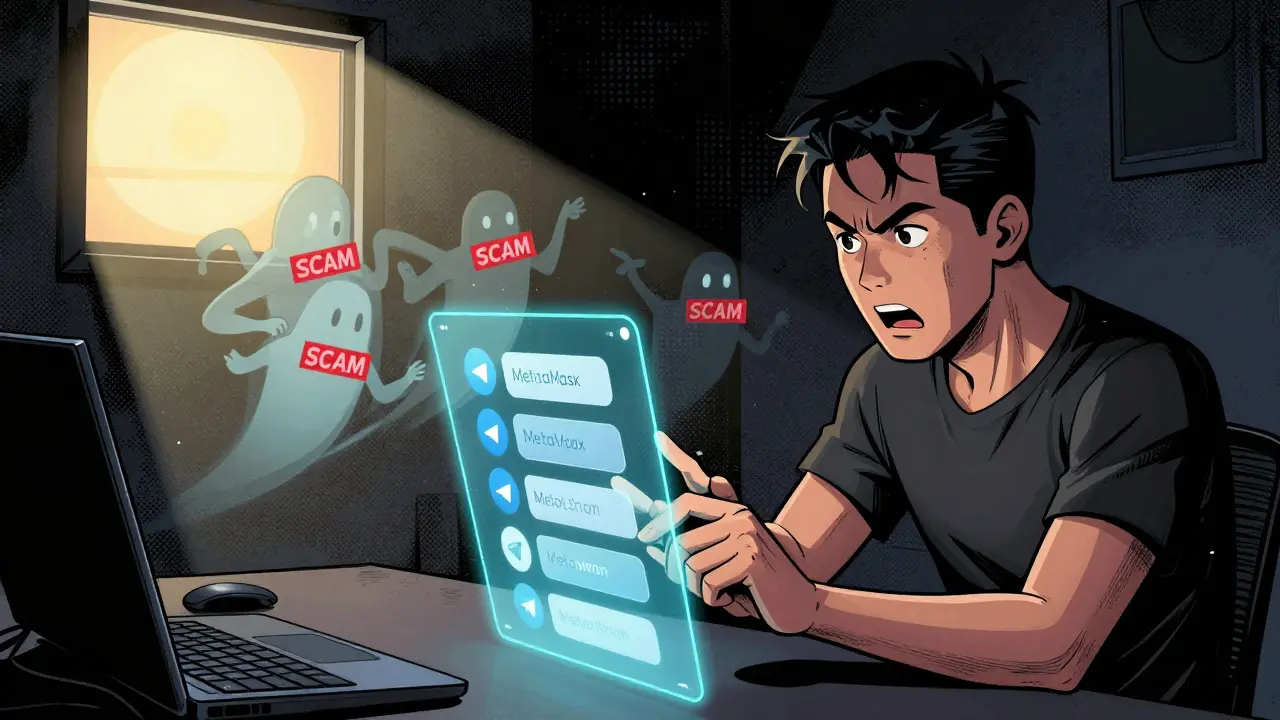 A person actively engaging with a crypto wallet and community platform while scam figures fade away.