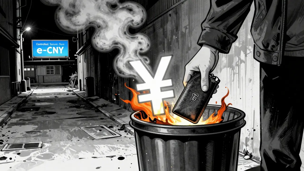 A person burns a hardware wallet in an alley as a digital yuan billboard looms in the background.