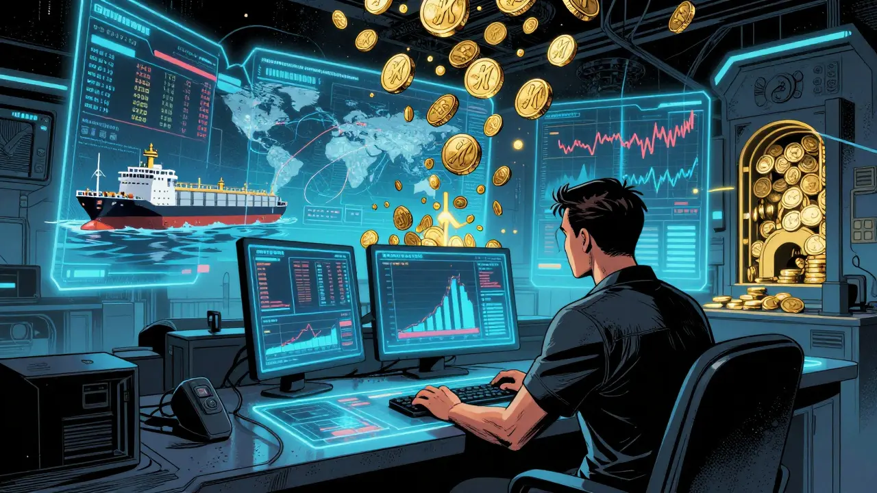 A player controlling a holographic oil market dashboard with virtual tankers in the background.