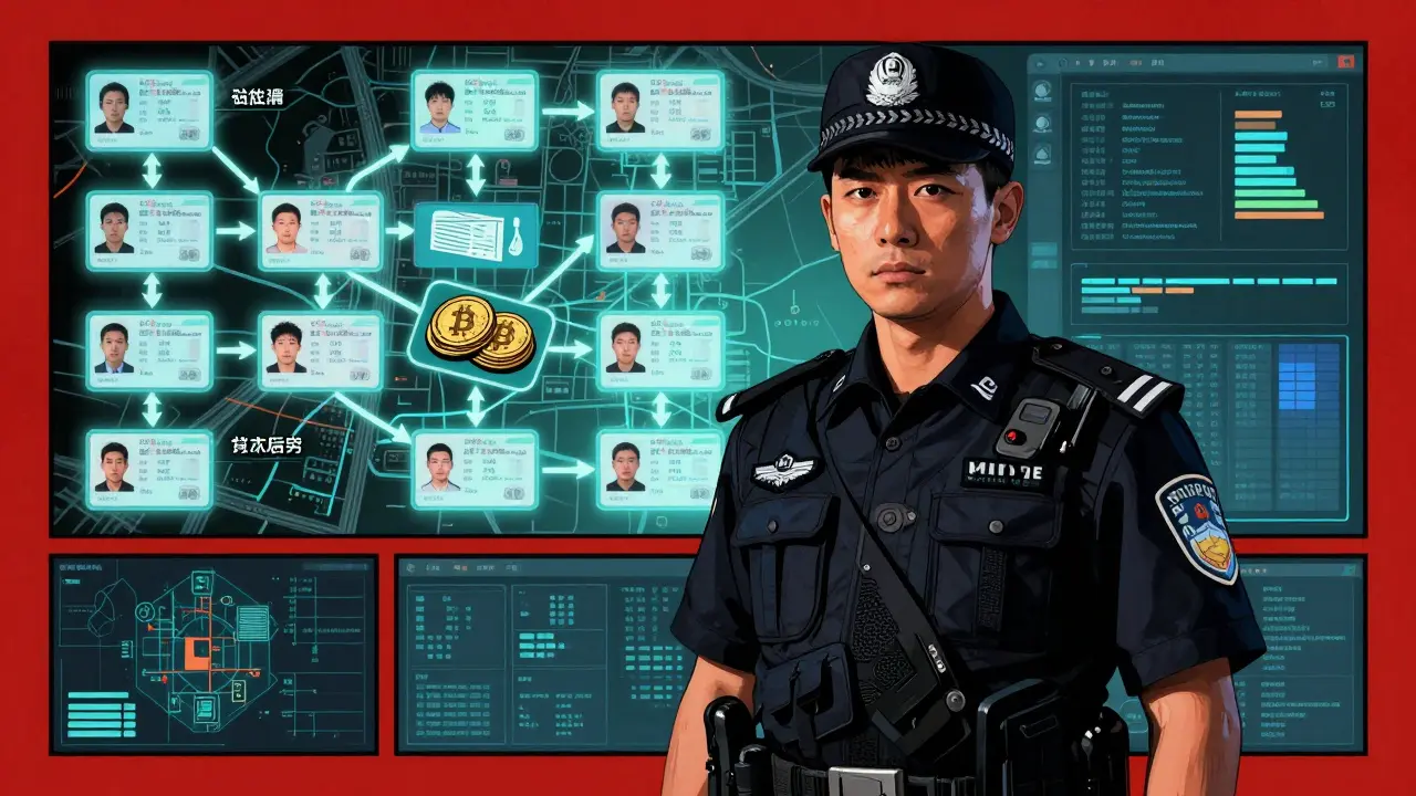 A police officer stands before a wall of blockchain surveillance links to personal IDs and frozen accounts.