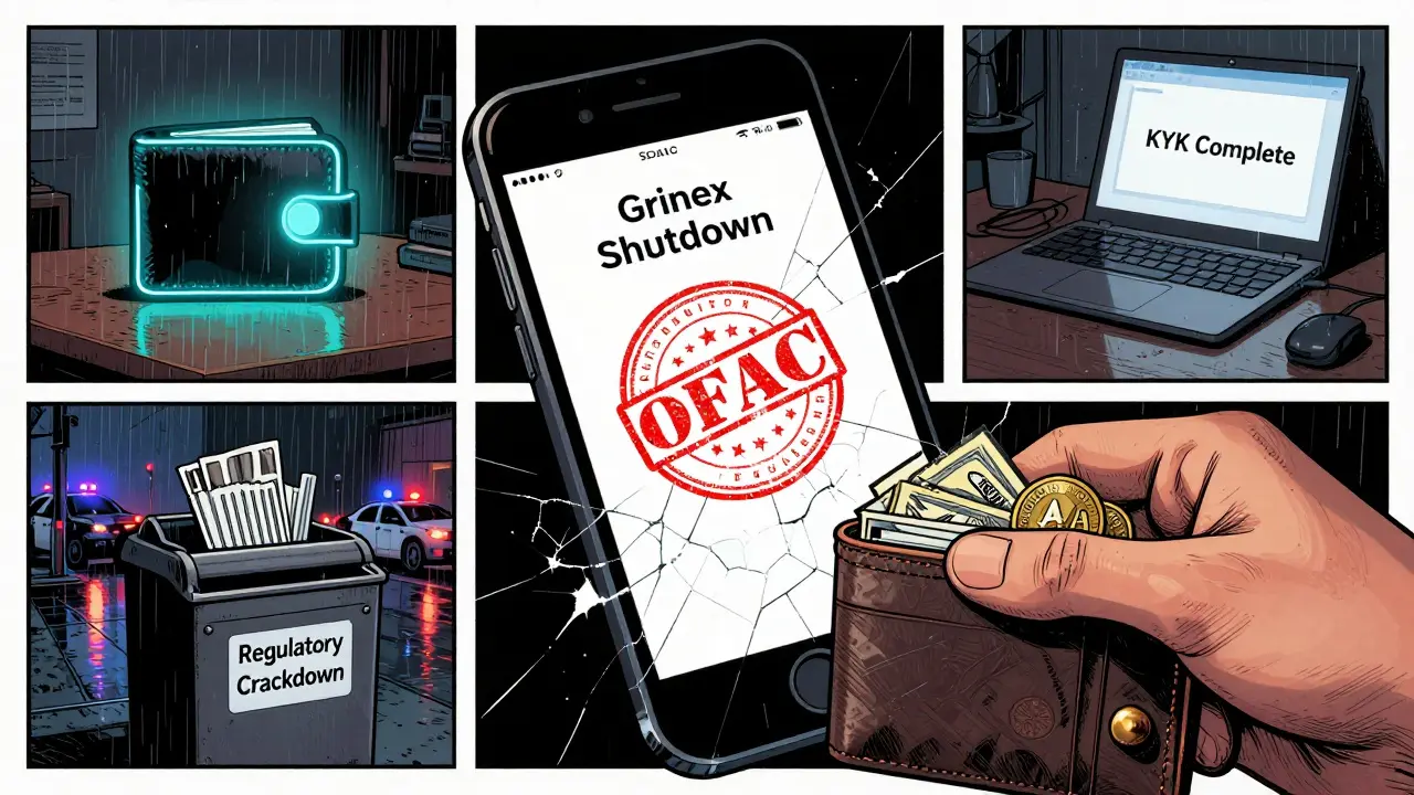 A shattered exchange screen with OFAC seal, a wallet being shredded, and a safe MetaMask wallet glowing on a desk.