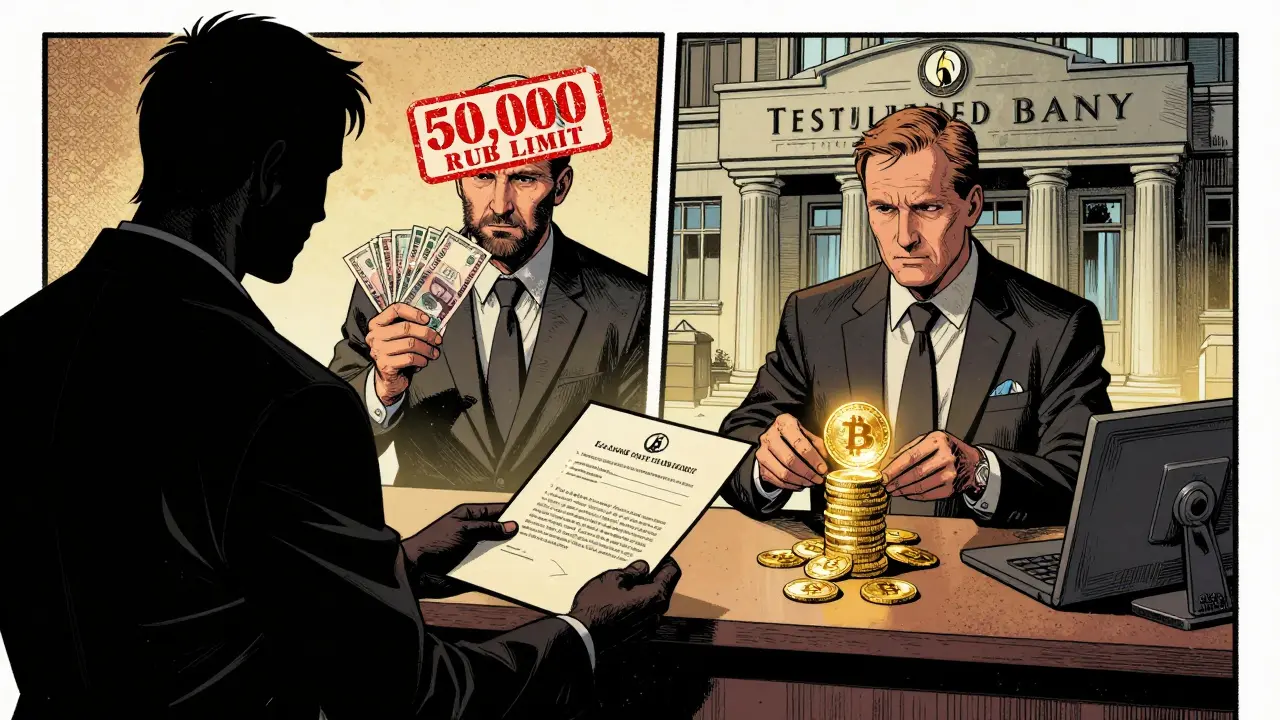 A split scene: a citizen restricted by a 50,000 ruble limit versus a state bank using crypto for international trade.