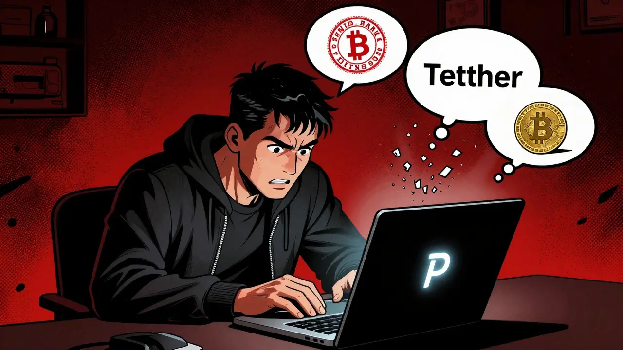 A trader uses a VPN to transfer crypto through a government-monitored exchange, surrounded by symbols of control.