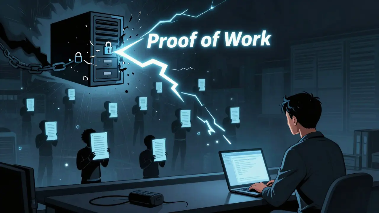 A user broadcasting a transaction to floating digital nodes, with a shattered corporate server behind them, symbolizing decentralized trust.