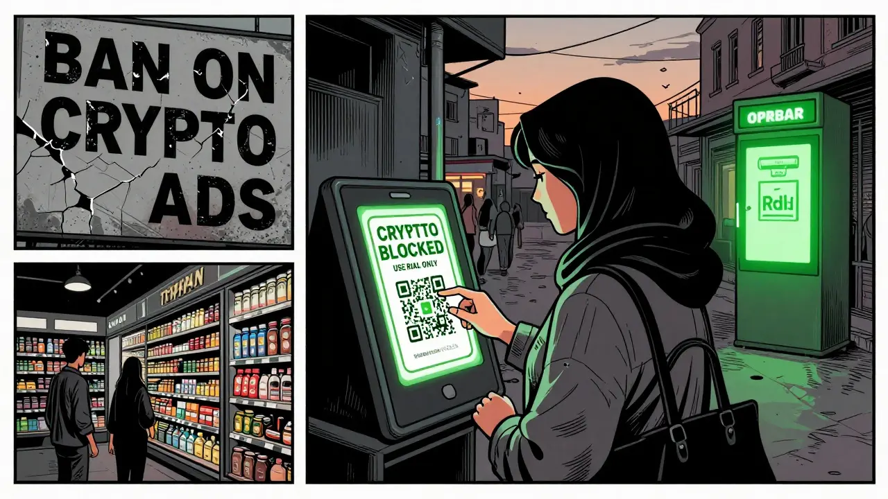 A woman in Tehran attempts to pay with crypto at a store, but the screen displays a blocked payment message.